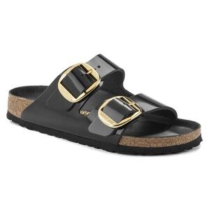 Birkenstock Arizona Glossy Black Sandals with Gold Accents
